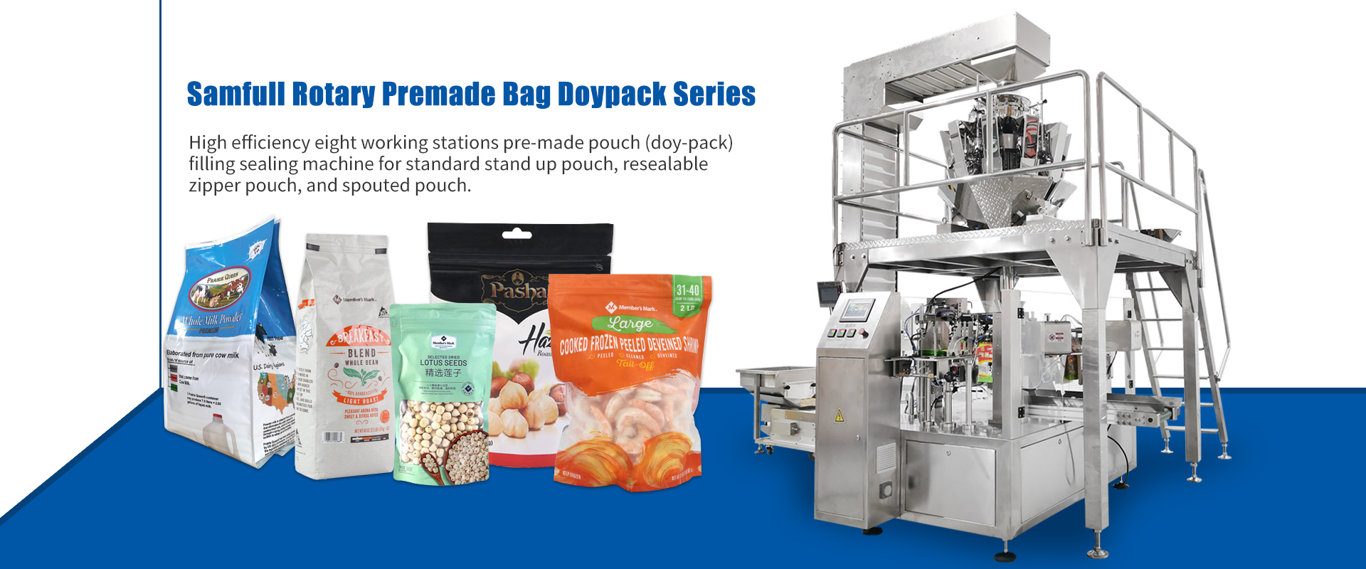 samfull premade pouch filling sealing packaging machine