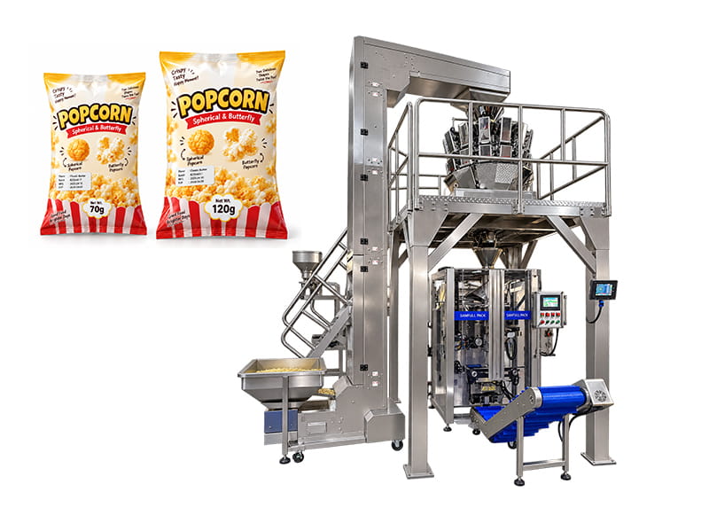 Ukraine 70g 120g Popcorn Packaging Machine Project – 14 Head Weigher & Nitrogen Flushing